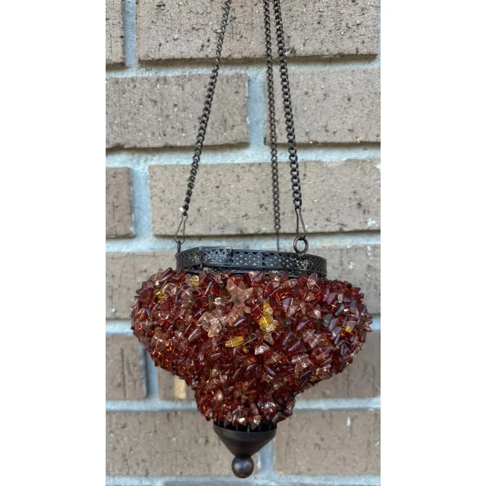 Vintage Hanging TeaLight Candle Holder Amber Glass Beads Metal Frame NOS New